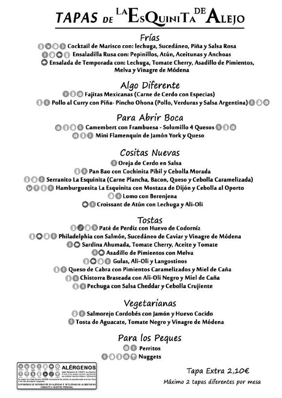 Portada de la carta de tapas de La Esquinita de Alejo