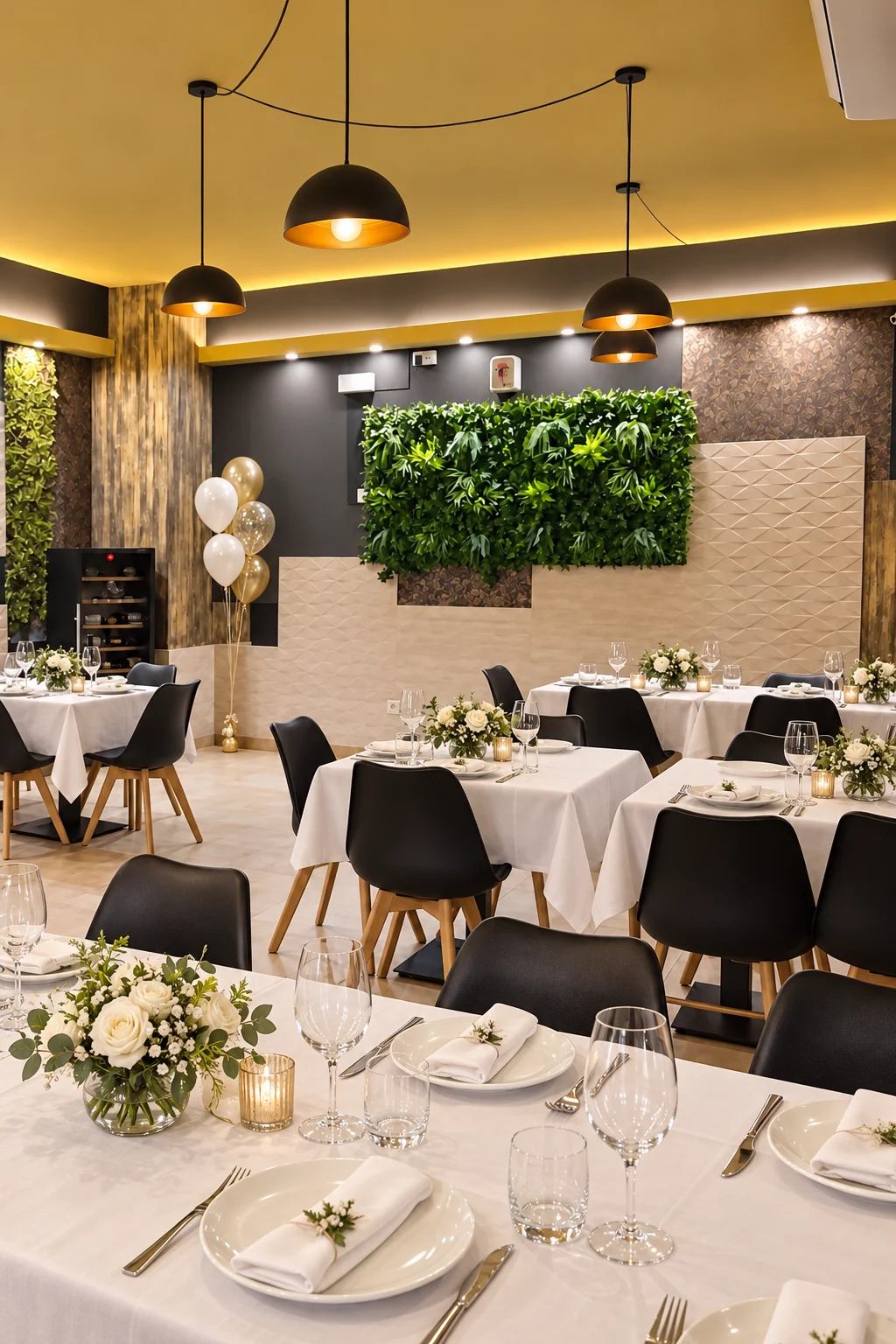 Salón de La Esquinita de Alejo con las mesas vestidas para una celebración