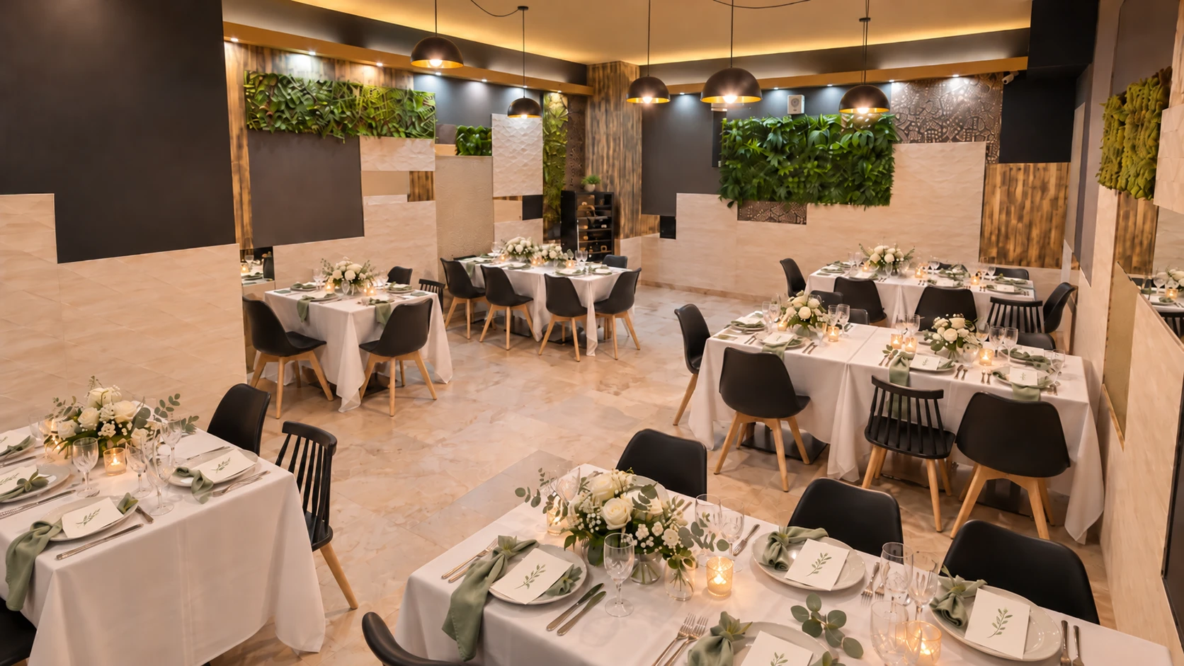 Salón de La Esquinita de Alejo con las mesas vestidas para un evento